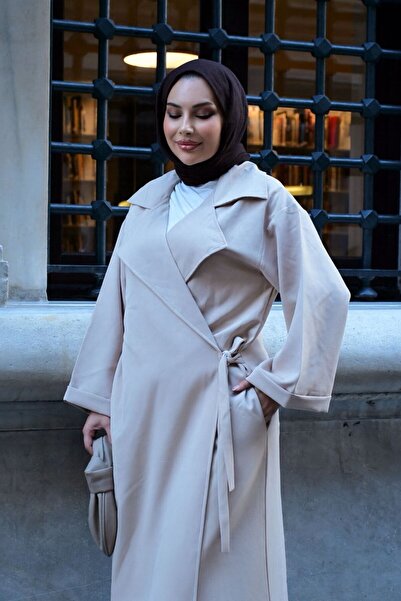 onlymoon tekstil Γυναικεία ρούχα Hijab Συμβατή Oversize Trench Coat με δέσιμο |   V λαιμόκοψη |   Ζώνη |   Διπλή τσέπη |   μακρύ |   Μπεζ