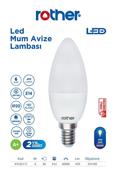 Rother RTL02111 LED Mum Avize Ampul 6W E14 470 Lümen 4000K Gün Işığı - Enerji...