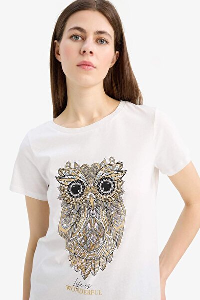 DeFacto Tricou cu mânecă scurtă din bumbac pieptănat cu model de bufniță cu decolteu obișnuit E5064AX25SP