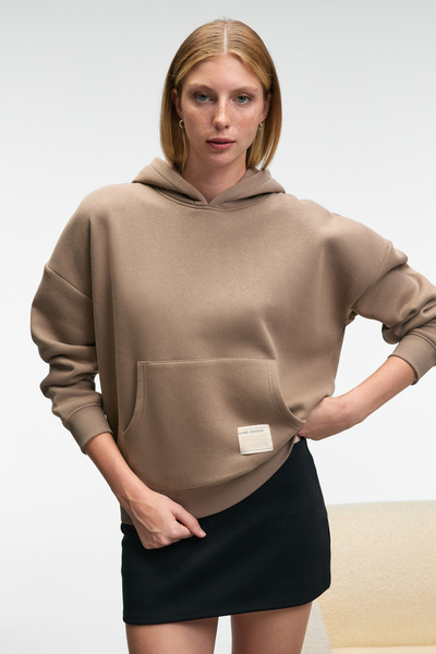 GRIMELANGE Clarie Women's Organic Cotton Oversized Kangaroo Pocket Hooded Mink Sweatshirt