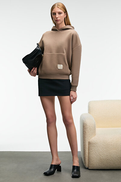 GRIMELANGE Clarie Women's Organic Cotton Oversized Kangaroo Pocket Hooded Mink Sweatshirt