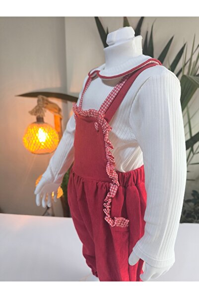 çilek bebe Baby Collar Ruffle Detailed Corduroy Girls' Salopet Set with Overalls