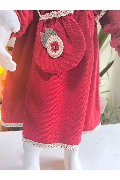 çilek bebe Long Sleeve Lace Detail Vintage Corduroy Bag Girl Dress