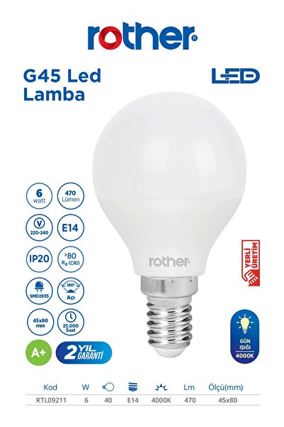 Rother RTL09211 G45 LED Ampul 6W E14 470 Lümen 4000K Gün Işığı - Enerji Tasarruflu Ampul