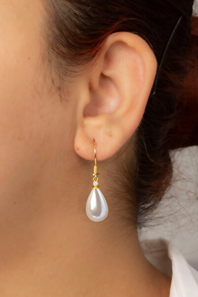 klas gümüş Gümüş Damla Model Kadın İnci Gold Anne Küpe 8x12 mm