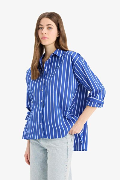 DeFacto Oversize Geniş Kalıp Çizgili Poplin Uzun Kollu Gömlek E6615AX25SP