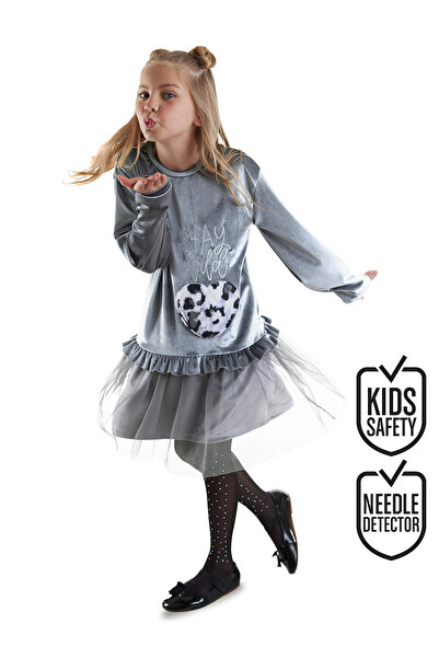 Denokids Girl's Gray Velvet Dress with Leopard Pockets