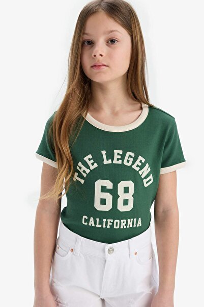 DeFacto Κοριτσίστικο κοντομάνικο μπλουζάκι με ραβδώσεις - λαιμόκοψη, λεπτή εφαρμογή, εμπριμέ καμιζόλα D8542A825SM