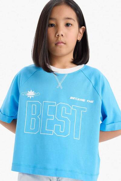 DeFacto Tricou cu mânecă scurtă cu imprimeu pentru fete, cu decolteu rotund, E1896A825SM