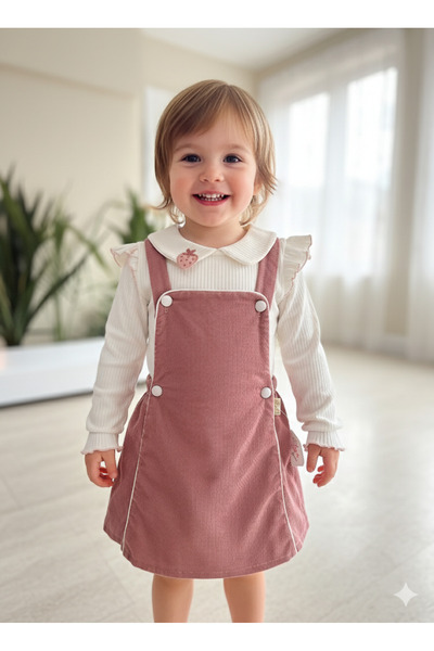 çilek bebe طقم سالوبيت للفتيات مطرز بالفراولة مع ياقة مكشكشة، مصنوع من القطيف...