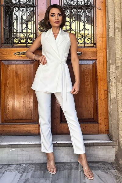diaves White Belted Vest Belted Carrot Pants Woven Fabric Double Suit