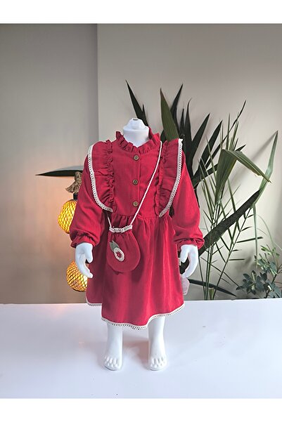 çilek bebe Long Sleeve Lace Detail Vintage Corduroy Bag Girl Dress