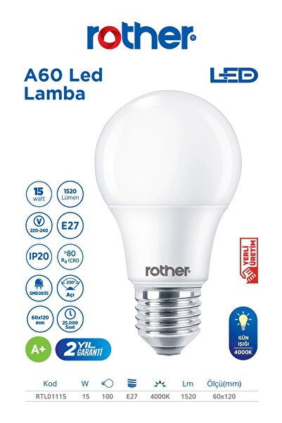 Rother RTL01115 A60 LED Ampul 15W E27 1520 Lümen 4000K Gün Işığı - Enerji Tasarruflu Ampul