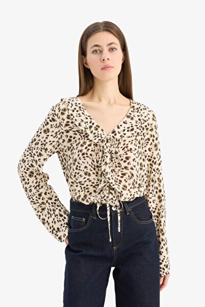 DeFacto Regular Fit V Yaka Leopar Desenli Maroken Uzun Kollu Gömlek E9217AX25SP