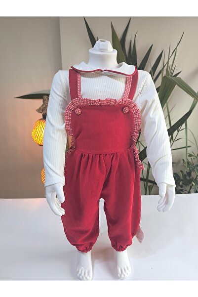 çilek bebe Baby Collar Ruffle Detailed Corduroy Girls' Salopet Set with Overalls