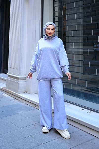 onlymoon Women's Gray 100% Cotton Hooded Top and Bottom Set |   Oversize Comfortable Fit |   Suitable for 4 Seasons