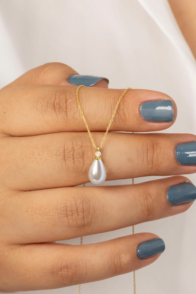 klas gümüş Gümüş Damla Model Kadın İnci Gold Kolye 8x12 mm