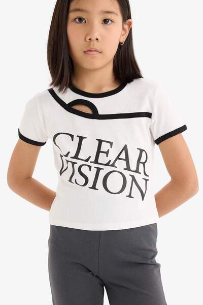 DeFacto Girls Slim Fit Slim Fit Crew Neck Printed Ribbed Camisole Short Sleeve T-Shirt E1878A825Sm