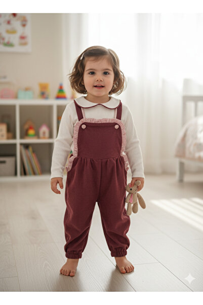 çilek bebe طقم سالوبيت للفتيات من القطيفة المضلعة مع ياقة مكشكشة وتفاصيل مميزة