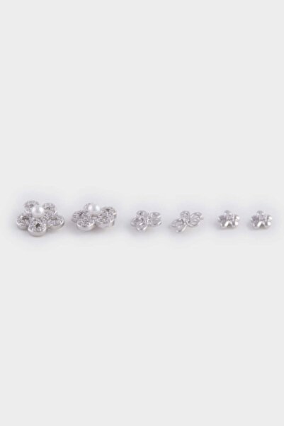 DeFacto Women's Flower Motif 3-Piece Silver Earrings E3069Axns