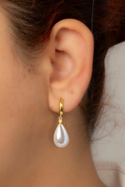 klas gümüş Gümüş Damla Model Kadın İnci Gold Halka Küpe 8x12 mm