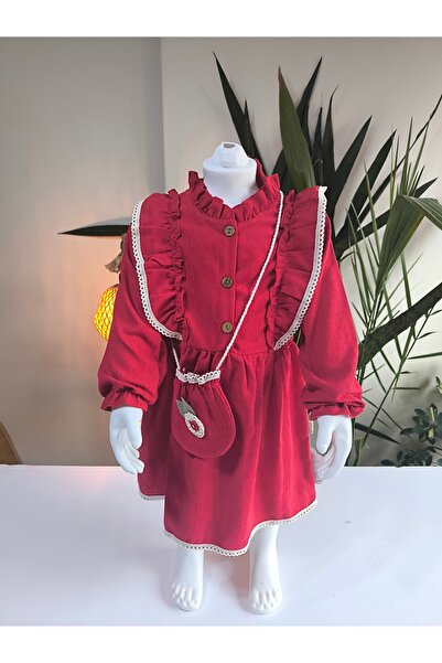 çilek bebe Long Sleeve Lace Detail Vintage Corduroy Bag Girl Dress