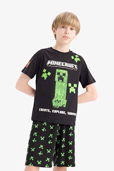 DeFacto Erkek Çocuk Minecraft Pijama Takımı Kısa Kollu Üst Beli Lastikli Şort E0335A825SM