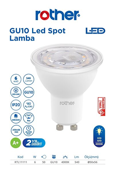 Rother RTL11111 GU10 LED Spot Ampul 6W 540 Lümen 4000K Gün Işığı - Enerji Tas...