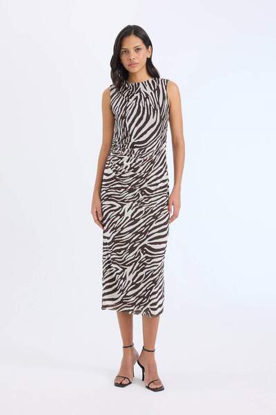 DeFacto Bodycon Αμάνικο μίντι φόρεμα με μισό ζιβάγκο με στάμπα ζέβρας E2903AX25SP