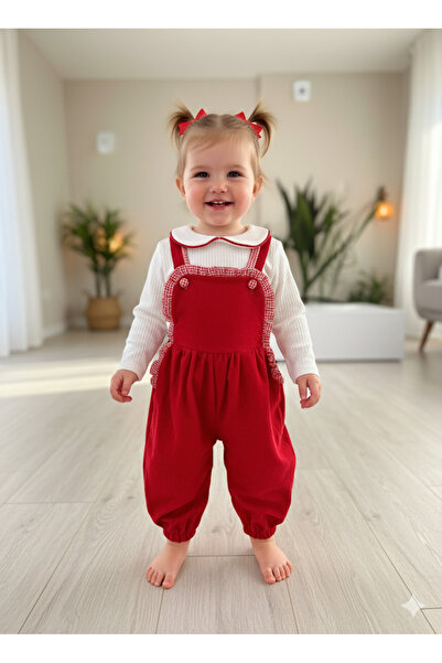 çilek bebe Baby Collar Ruffle Detailed Corduroy Girls' Salopet Set with Overalls