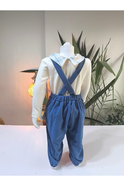 çilek bebe Eid Holiday Plaid Peter Pan collar Checked Suspender Salopet Suit Corded Fabric Velvet Overalls
