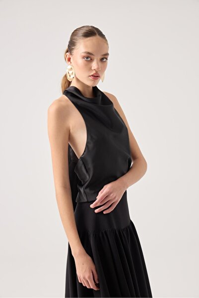 HOLLY LOLLY Degaje Yaka Saten Dalia Blouse Black