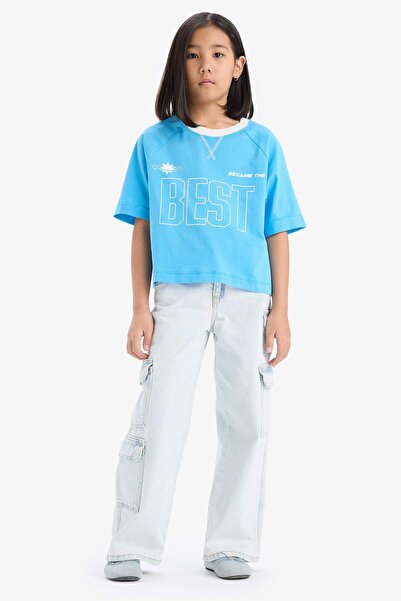 DeFacto Tricou cu mânecă scurtă cu imprimeu pentru fete, cu decolteu rotund, E1896A825SM