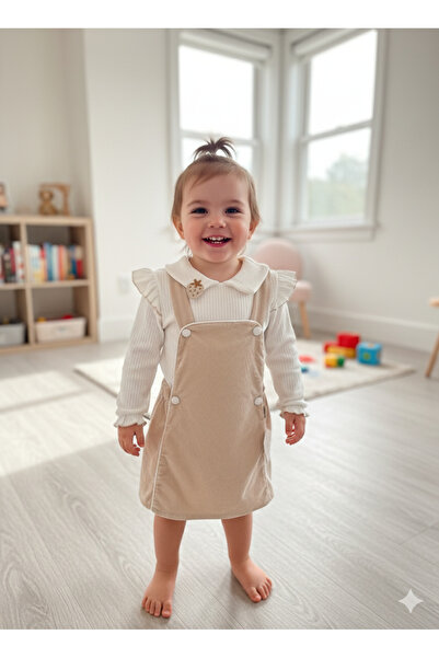 çilek bebe Strawberry Embroidered Baby Collar Ruffled Girls' Salopet Set Gile...