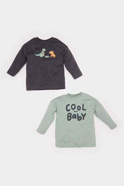 DeFacto Erkek Bebek Yenidoğan Bisiklet Yaka Baskılı Penye 2'li Uzun Kollu Tiş...