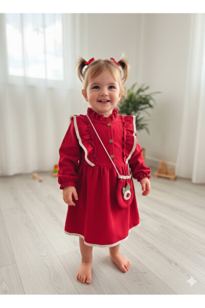 çilek bebe Long Sleeve Lace Detail Vintage Corduroy Bag Girl Dress