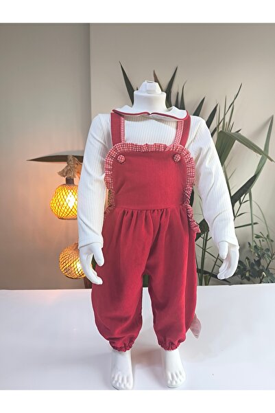 çilek bebe Baby Collar Ruffle Detailed Corduroy Girls' Salopet Set with Overalls