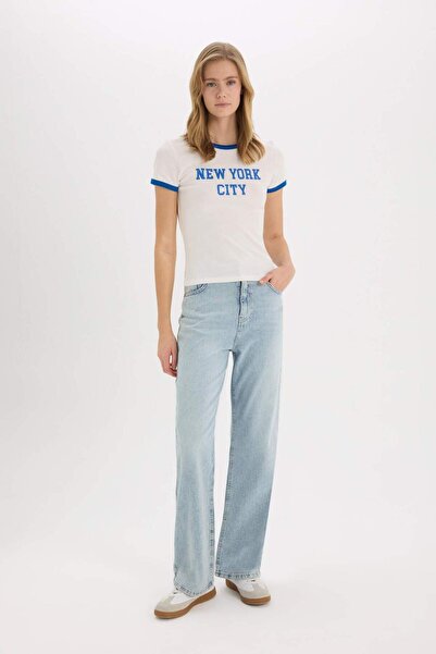 DeFacto Tricou cu mânecă scurtă cu nervuri, cu decolteu rotund, cu imprimeu E7010AX25SP