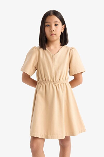 DeFacto Kız Çocuk Standart Fit V Yaka Gabardin Kısa Kollu Elbise E2645A825SM