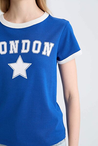 DeFacto Μπλουζάκι με ριμπ στάμπα με λαιμόκοψη - κοντό μανίκι, κανονική εφαρμογή E0676AX25SM