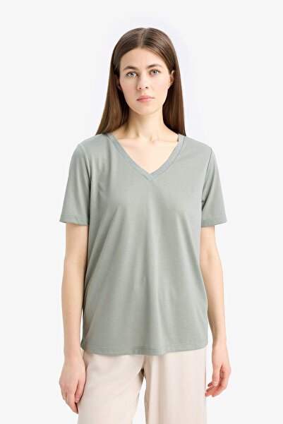 DeFacto Regular Fit Basic Pevné tričko s krátkým rukávem s výstřihem do V K5057AZ25SP