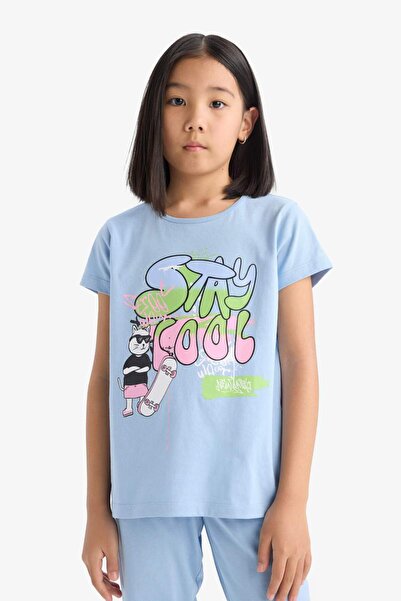 DeFacto Kız Çocuk Pijama Takımı Kısa Kollu Baskılı Üst Beli Lastikli Uzun Alt E0539A825SM