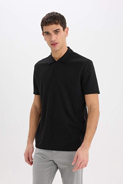 DeFacto Regular Fit Polo výstřih s polovičním zipem Krátký rukáv Černé tričko E4233AX25SM