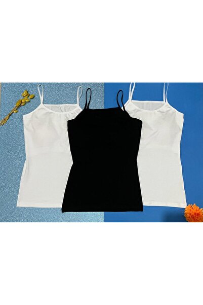 VELOURE Kadın Atlet 3’lü Pedli İnce İp Askılı Pamuklu 2 Beyaz 1 Siyah Sütyenl...