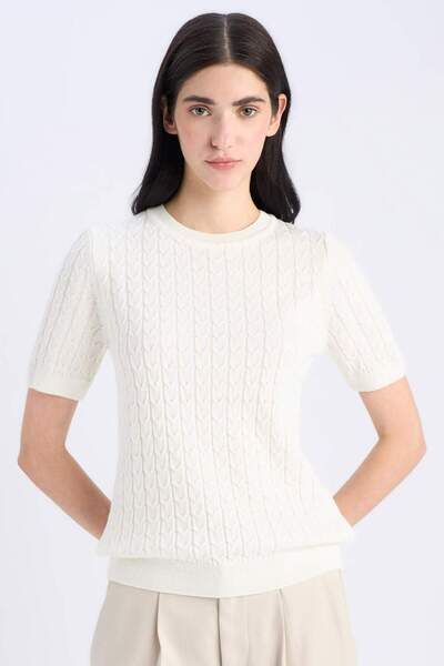 DeFacto Kurzärmliger Strickpullover mit Rundhalsausschnitt – normale Passform D3306AX25SM