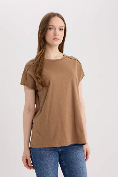 DeFacto Βαμβακερό κοντομάνικο μπλουζάκι με λαιμόκοψη E4367AX25SM