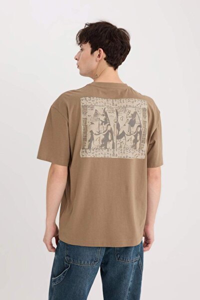 DeFacto 100% bavlna Oversize Wide Fit Crew Neck Tričko s krátkým rukávem s potiskem na zádech D9347AX25SP