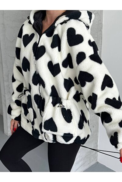 ZF BUTİK Kalp Desenli Kapüşonlu Mont