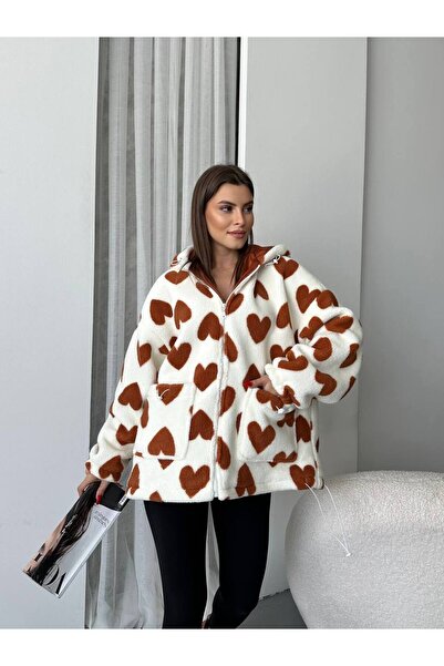 ZF BUTİK Kalp Desenli Kapüşonlu Mont