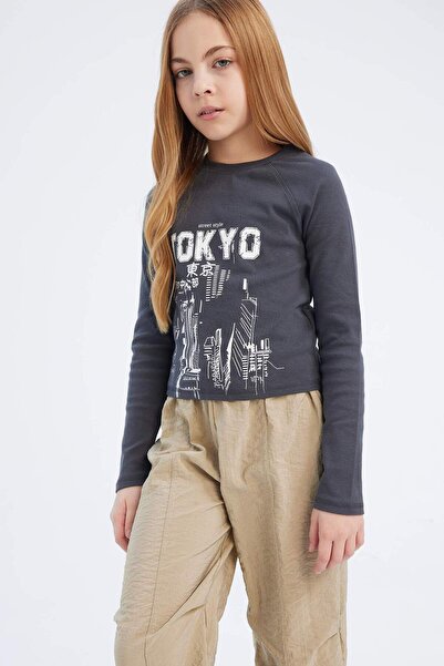 DeFacto Κοριτσίστικο μπλουζάκι με μακρυμάνικο μπλουζάκι με στάμπα με λαιμόκοψη E0458A825SP